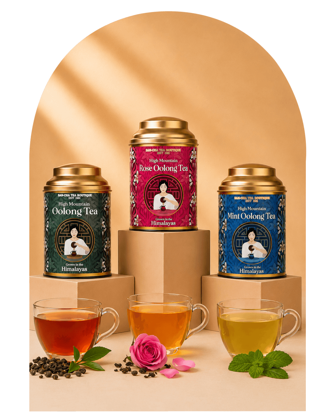 Three metal tea tins from Himalaya High Notes Oolong Tea are displayed on pedestals with three glass teacups in front, set against a warm beige arched backdrop with a black side border.