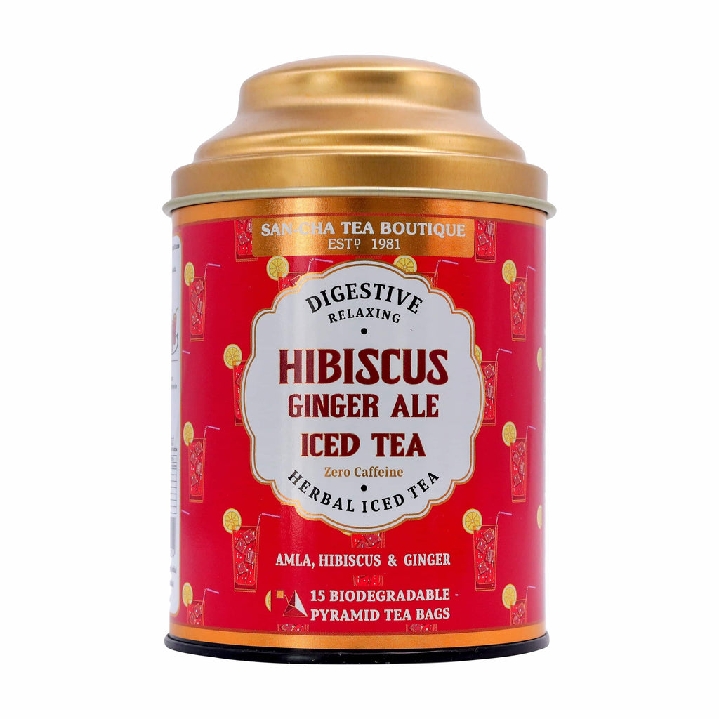 Product shot of all-natural iced tea with hibiscus, amla, and ginger – sugar-free herbal blend