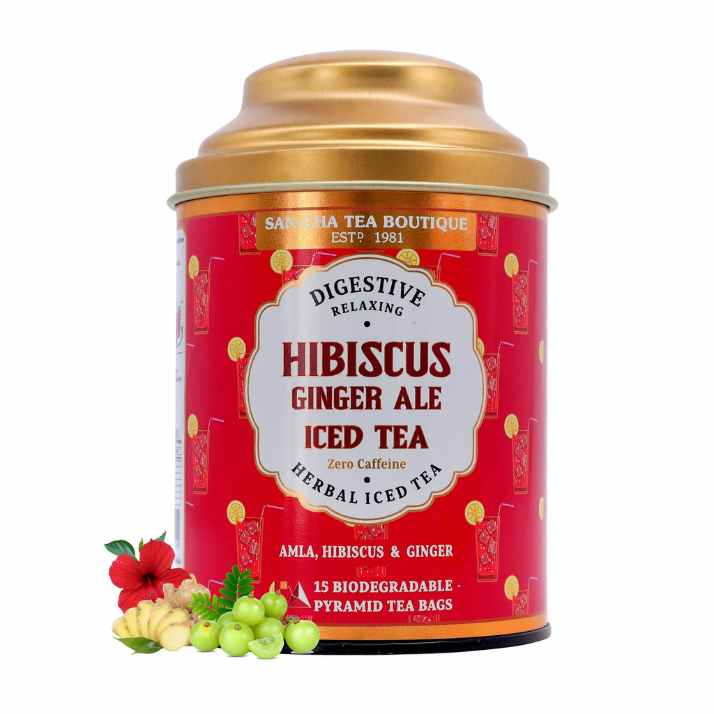 Sancha hibiscus ginger ale iced herbal tea featuring Ayurvedic ingredients like amla and hibiscus