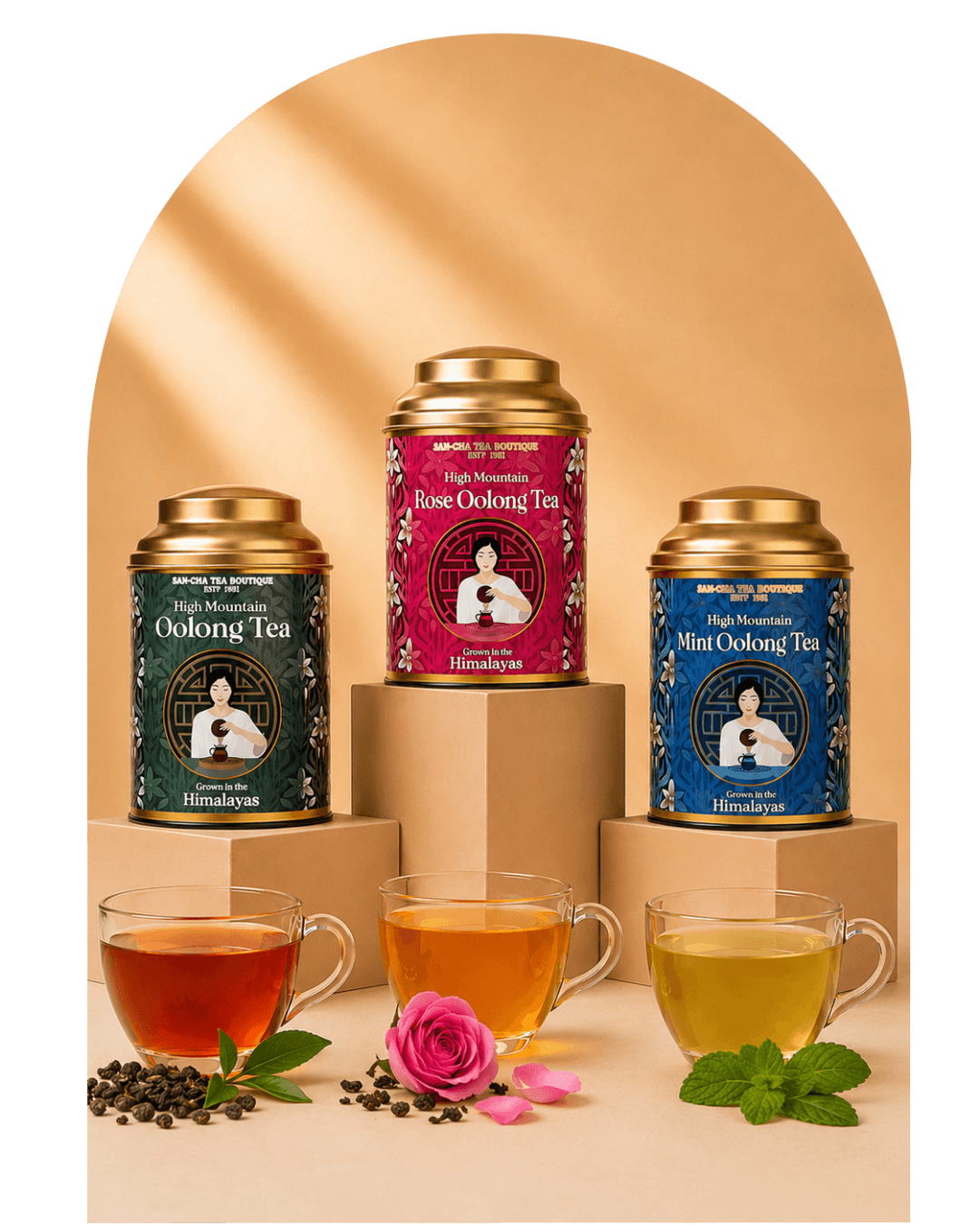 Three metal tea tins from Himalaya High Notes Oolong Tea are displayed on pedestals with three glass teacups in front, set against a warm beige arched backdrop with a black side border.